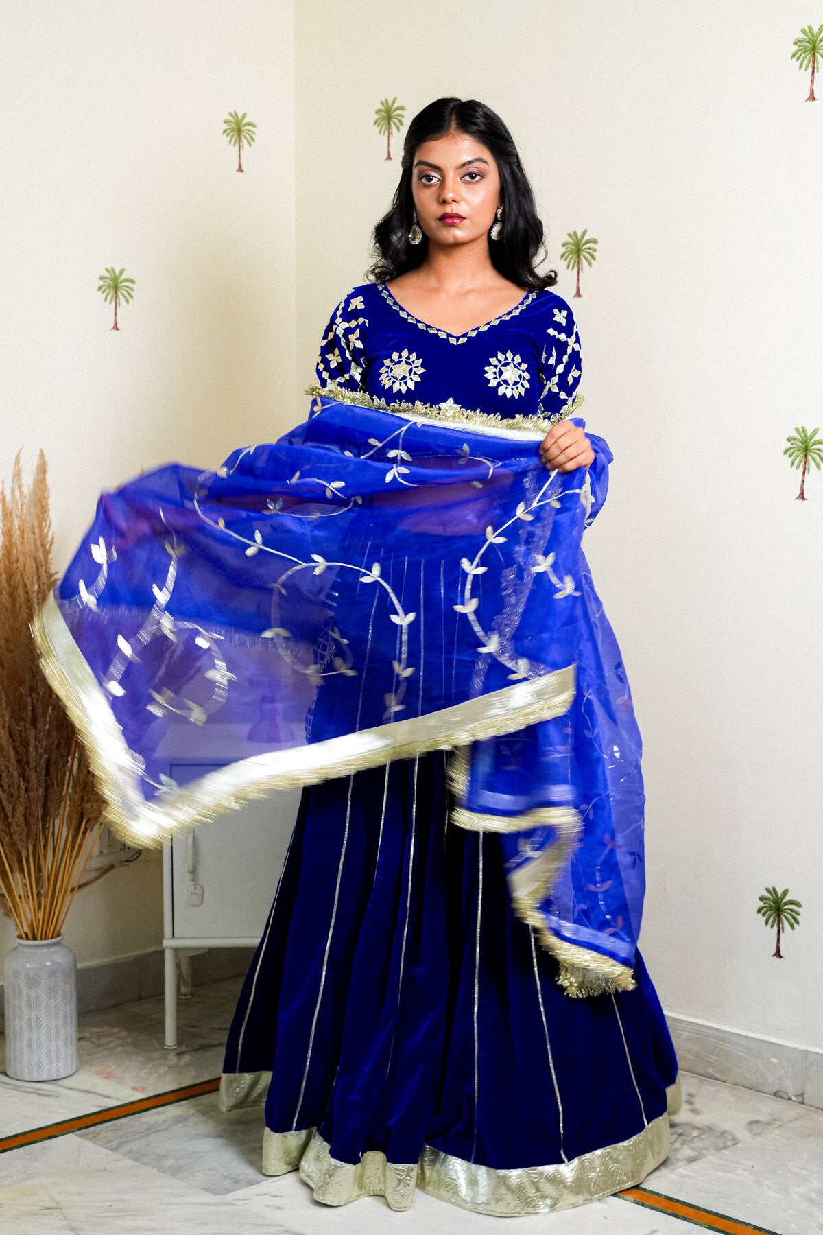 JASMINE ROYAL BLUE GOTTA PATTI EMBROIDERED VELVET LEHENGA SET