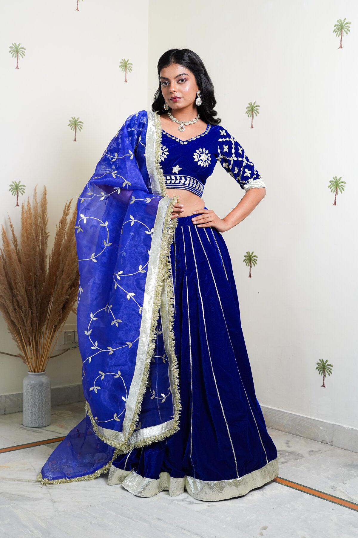 JASMINE ROYAL BLUE GOTTA PATTI EMBROIDERED VELVET LEHENGA SET
