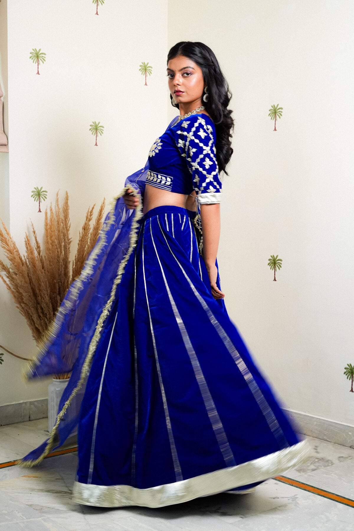 JASMINE ROYAL BLUE GOTTA PATTI EMBROIDERED VELVET LEHENGA SET