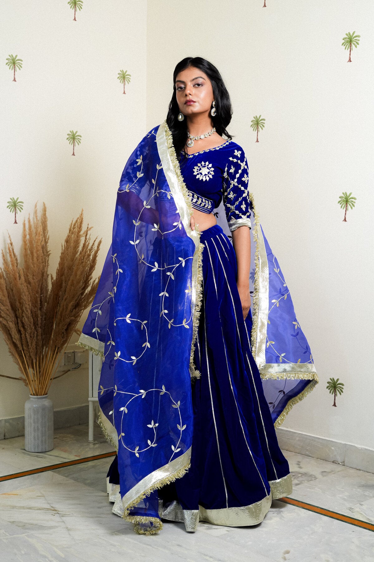 JASMINE ROYAL BLUE GOTTA PATTI EMBROIDERED VELVET LEHENGA SET