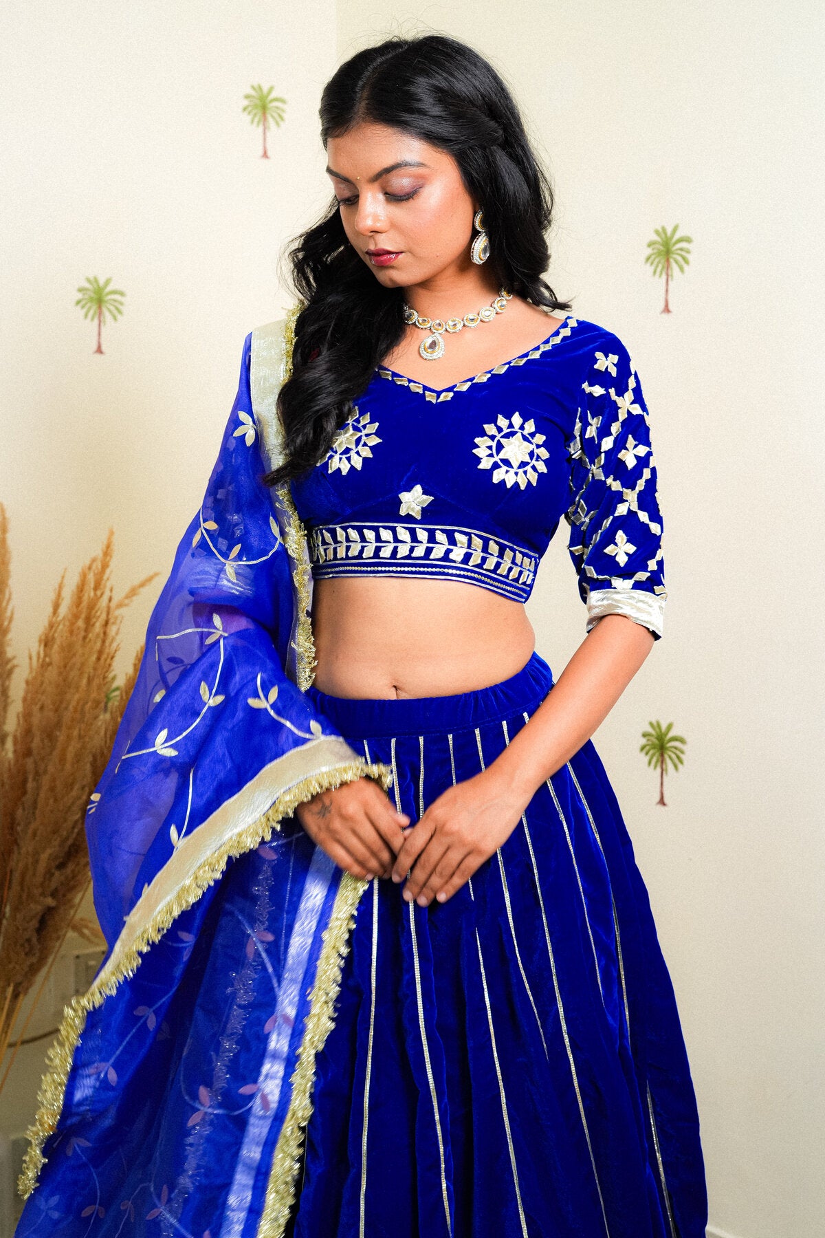 JASMINE ROYAL BLUE GOTTA PATTI EMBROIDERED VELVET LEHENGA SET