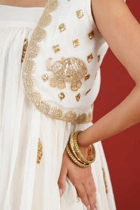 Aarini white jacket kurta set embroidery and elephant motif detail