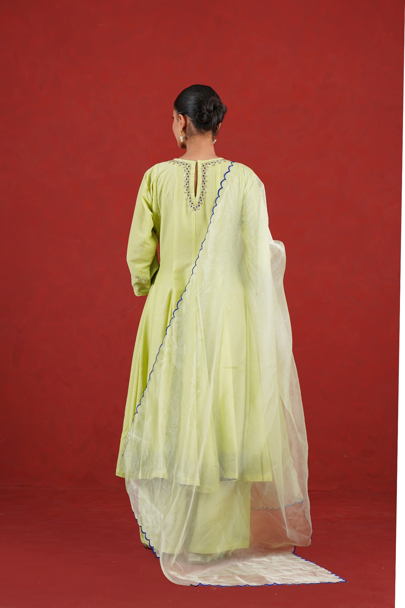 Green hand embroidered kurta set with organza dupatta - back view