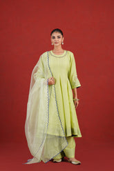 Green hand embroidered kurta set with palazzo and organza dupatta - front view