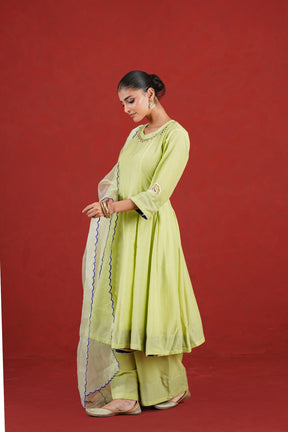 Green flared kurta set with palazzo and sheer organza dupatta - side view