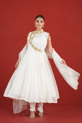 White hand embroidered Chanderi kurta set with churidar and organza dupatta - full front view