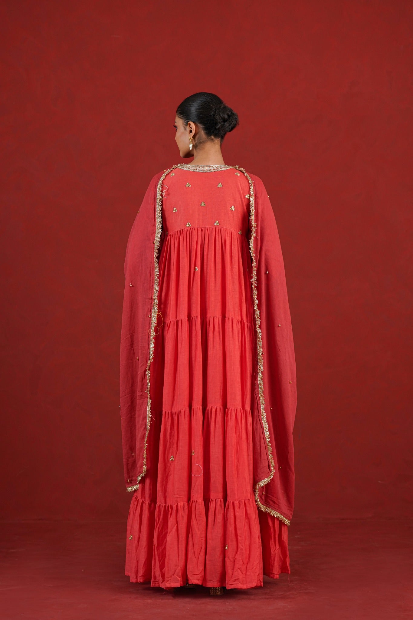 Rust red hand embroidered Chanderi kurta set - back view