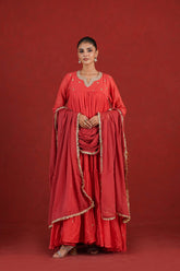 Rust red hand embroidered tiered Chanderi kurta set with dupatta - front view