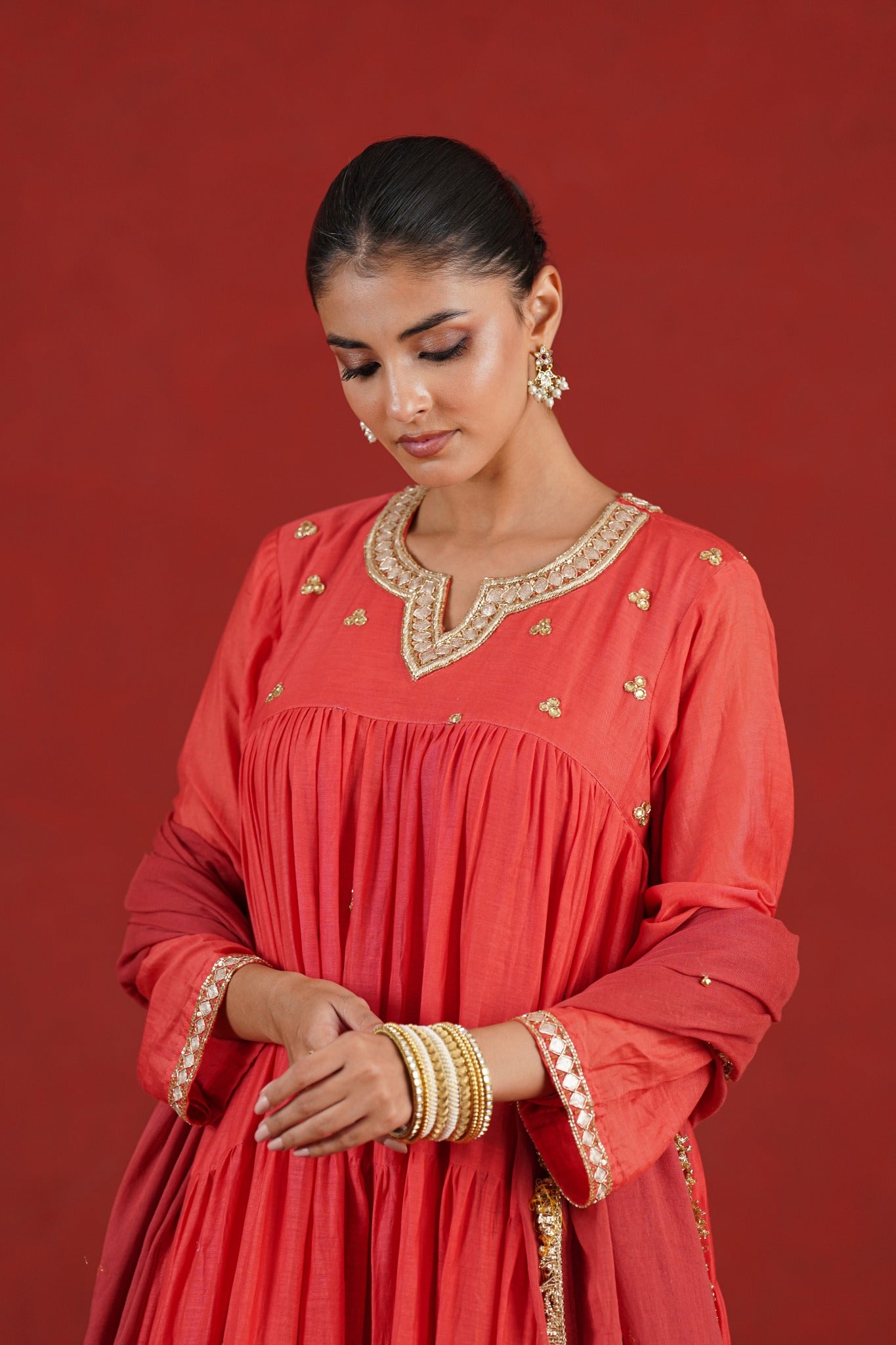 Rust red hand embroidered Chanderi kurta - neckline and bodice detail