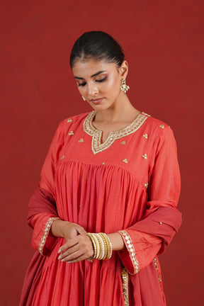 Rust red hand embroidered Chanderi kurta - neckline and bodice detail