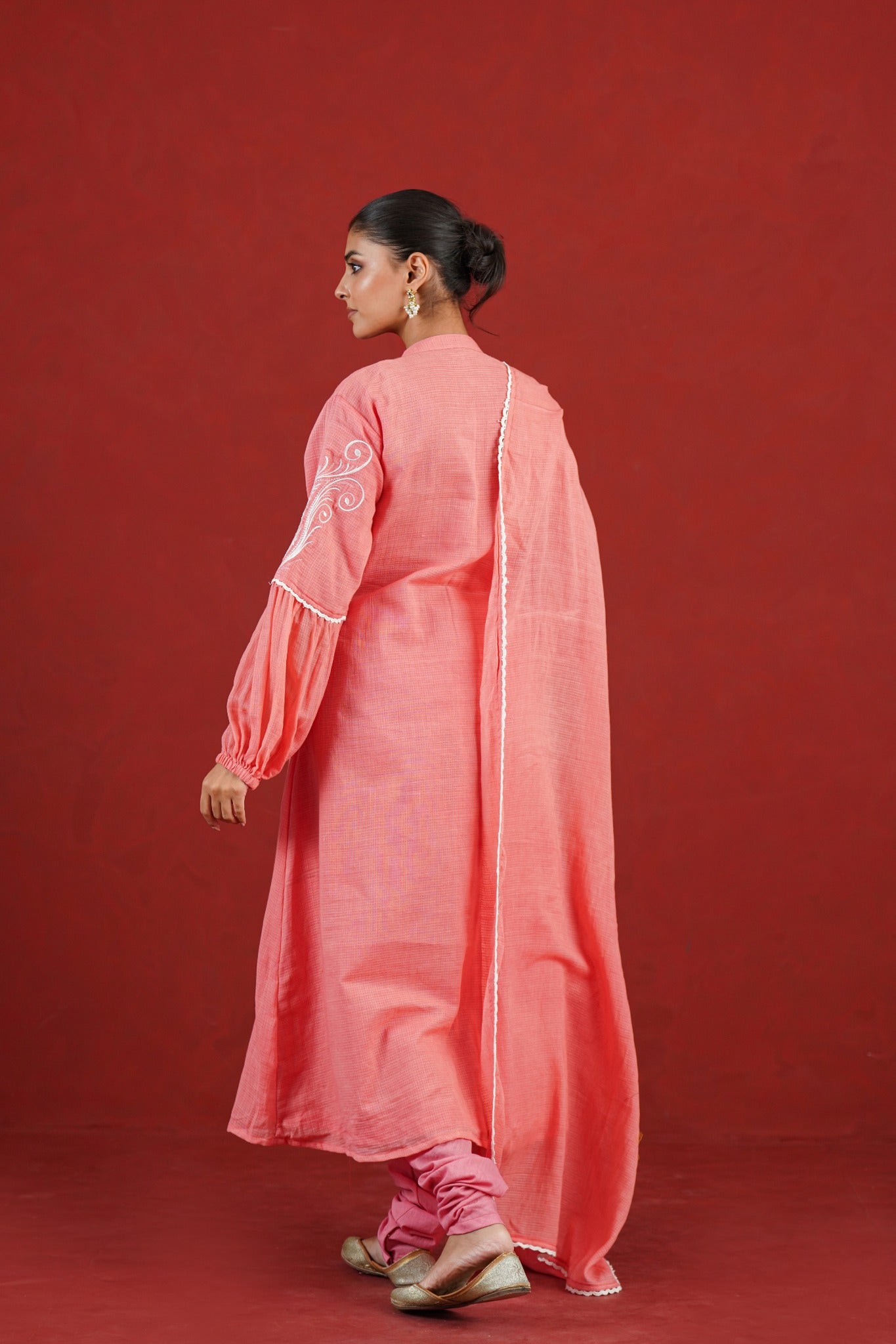 Peach Kota Doriya kurta churidar set with matching dupatta - back view