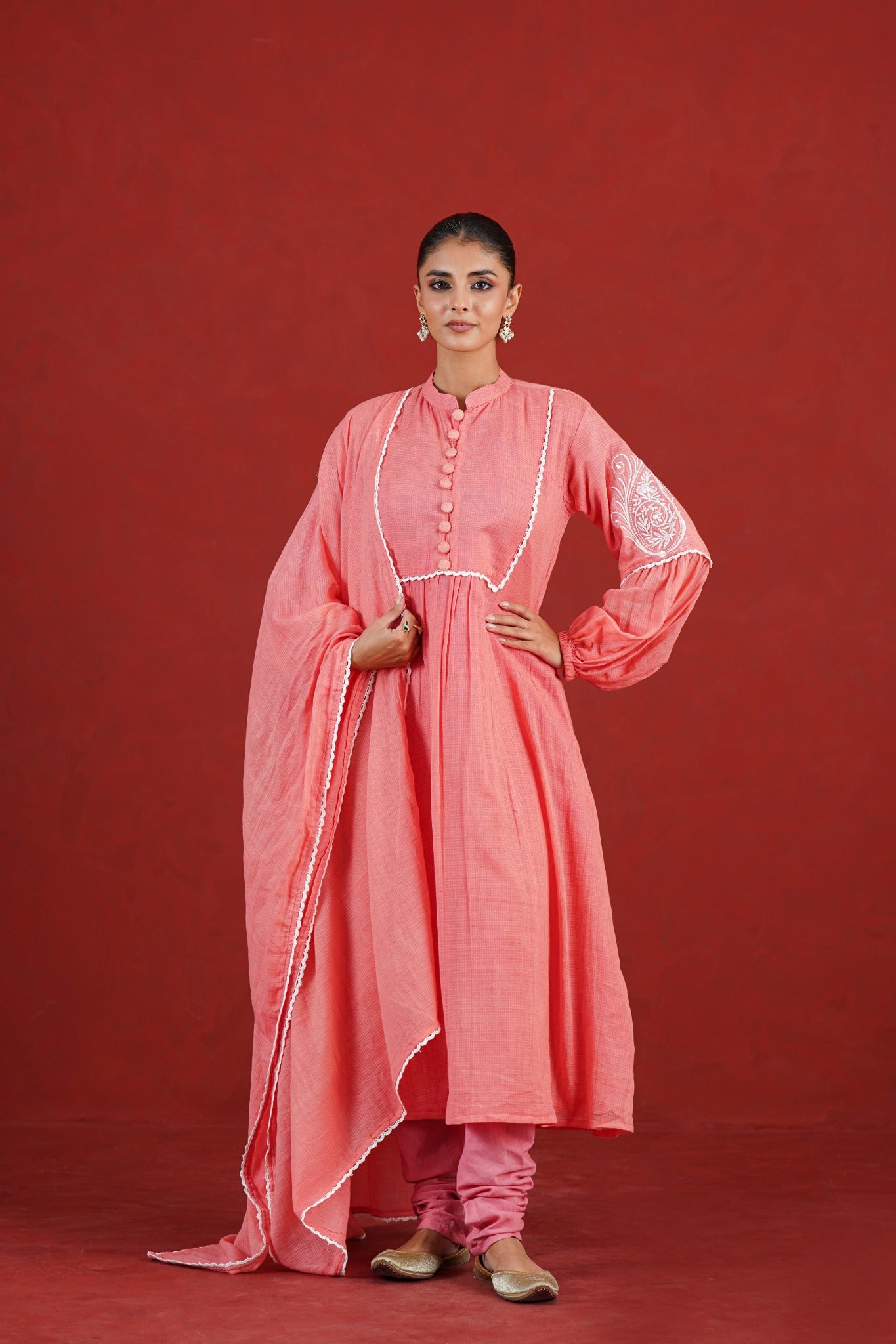 Peach embroidered Kota Doriya kurta churidar set with dupatta - front view