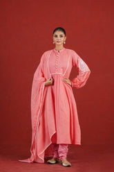 Peach embroidered Kota Doriya kurta churidar set with dupatta - front view