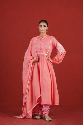 Peach embroidered Kota Doriya kurta churidar set with dupatta - front view