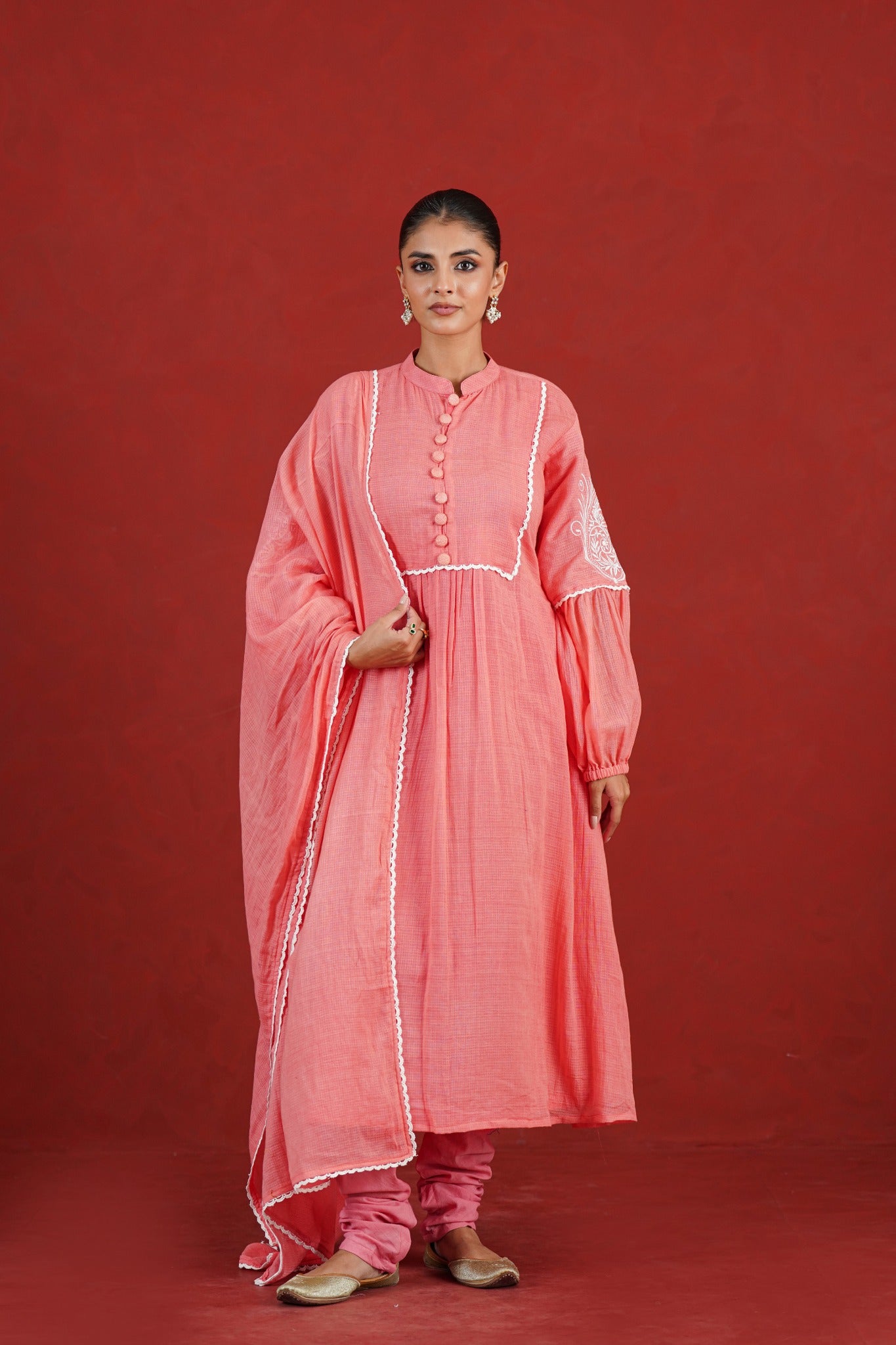 Peach Kota Doriya flared kurta with churidar and dupatta - full front view