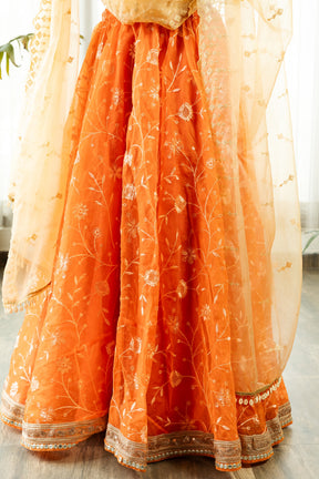 VRISTHI ORANGE EMBELLISHED LEHENGA WITH GOLDEN DUPATTA