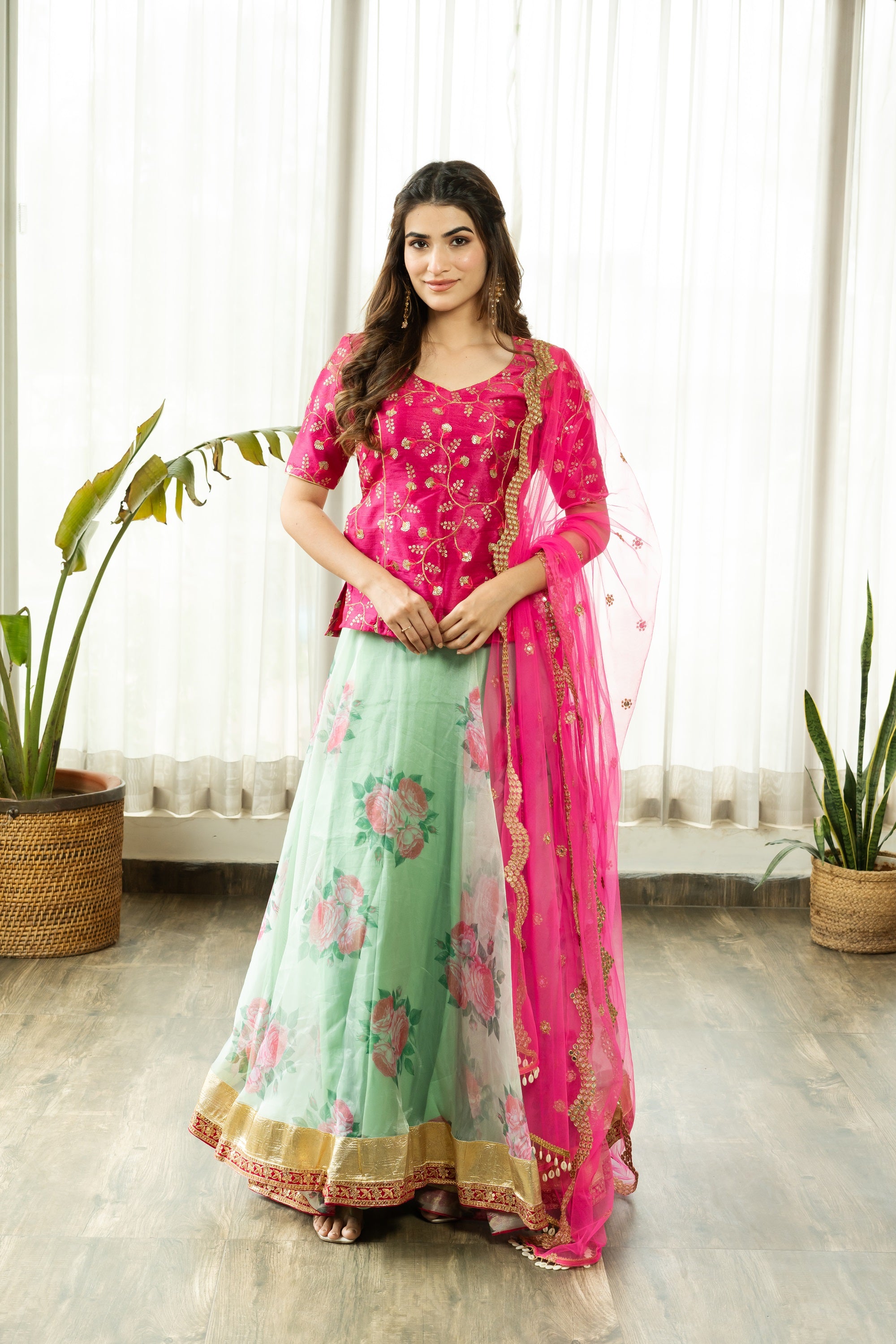 RAASHNA EMBELLISHED LEHENGA WITH PINK DUPATTA - Sarnya