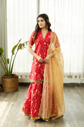 PREKSHA PINK BANARSI SHARARA SET WITH GOLDEN DUPATTA - Sarnya
