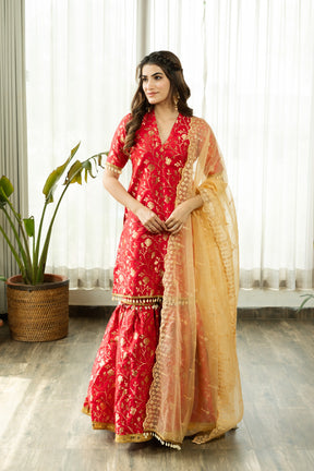 PREKSHA PINK BANARSI SHARARA SET WITH GOLDEN DUPATTA - Sarnya