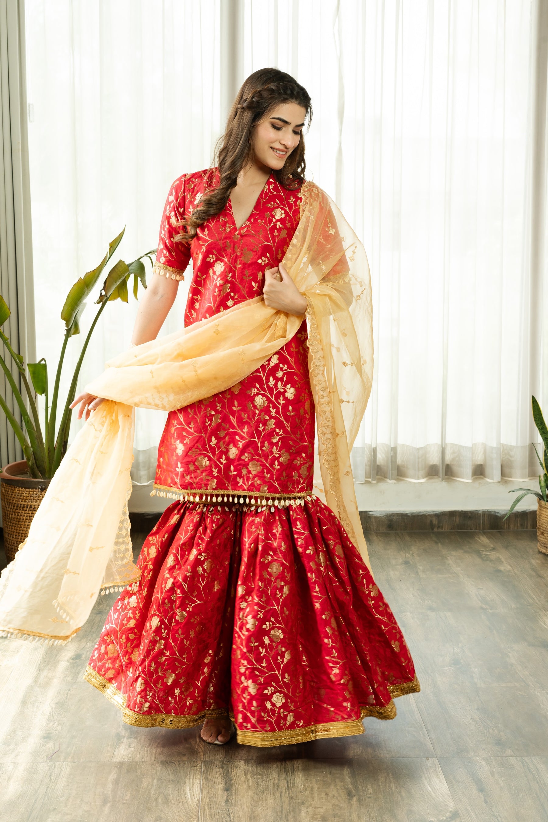 PREKSHA PINK BANARSI SHARARA SET WITH GOLDEN DUPATTA - Sarnya