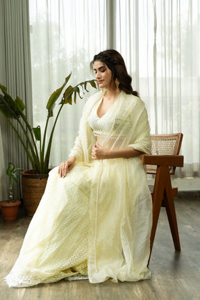 SUDHA IVORY LEHENGA SET WITH PEARL DUPATTA - Sarnya