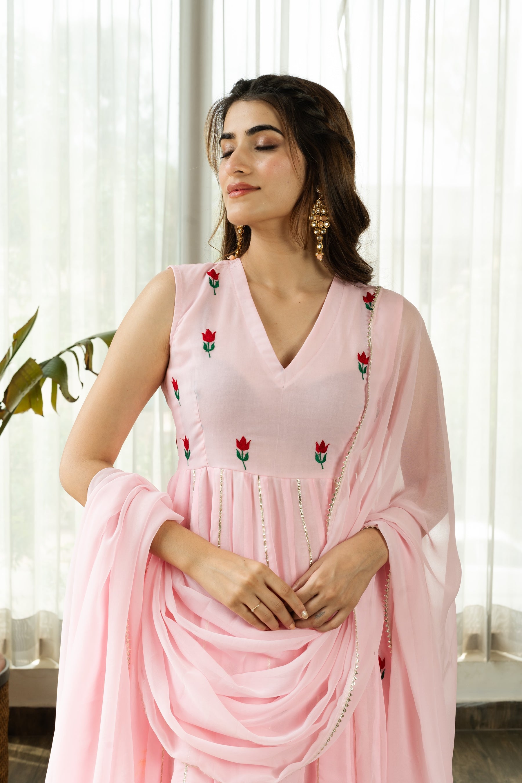 PREYA LIGHT PINK EMBROIDERED ANARKALI SUIT SET WITH DUPATTA - Sarnya