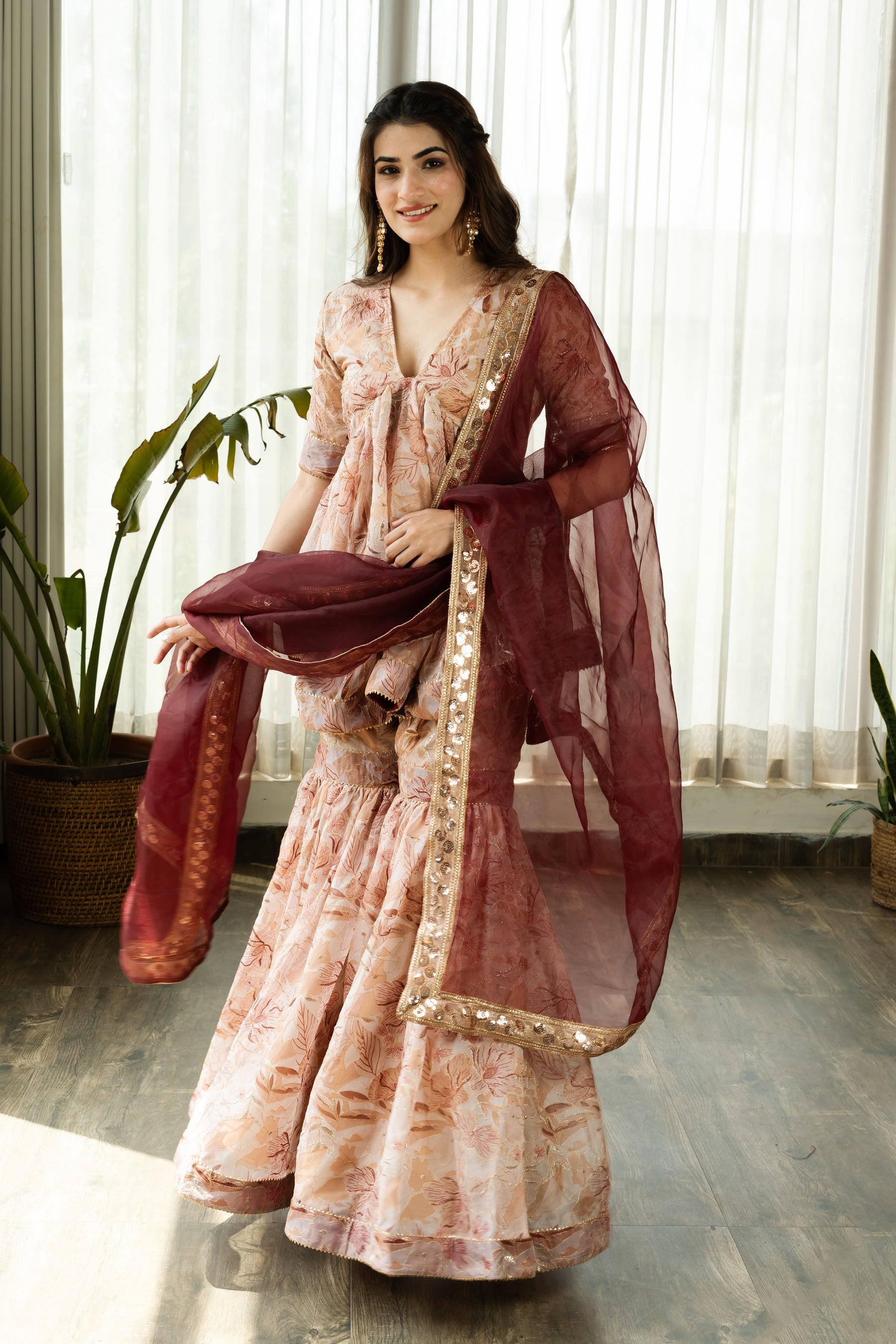 HANIA ORGANZA SHARARA SET WITH BROWN DUPATTA - Sarnya