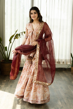 HANIA ORGANZA SHARARA SET WITH BROWN DUPATTA - Sarnya