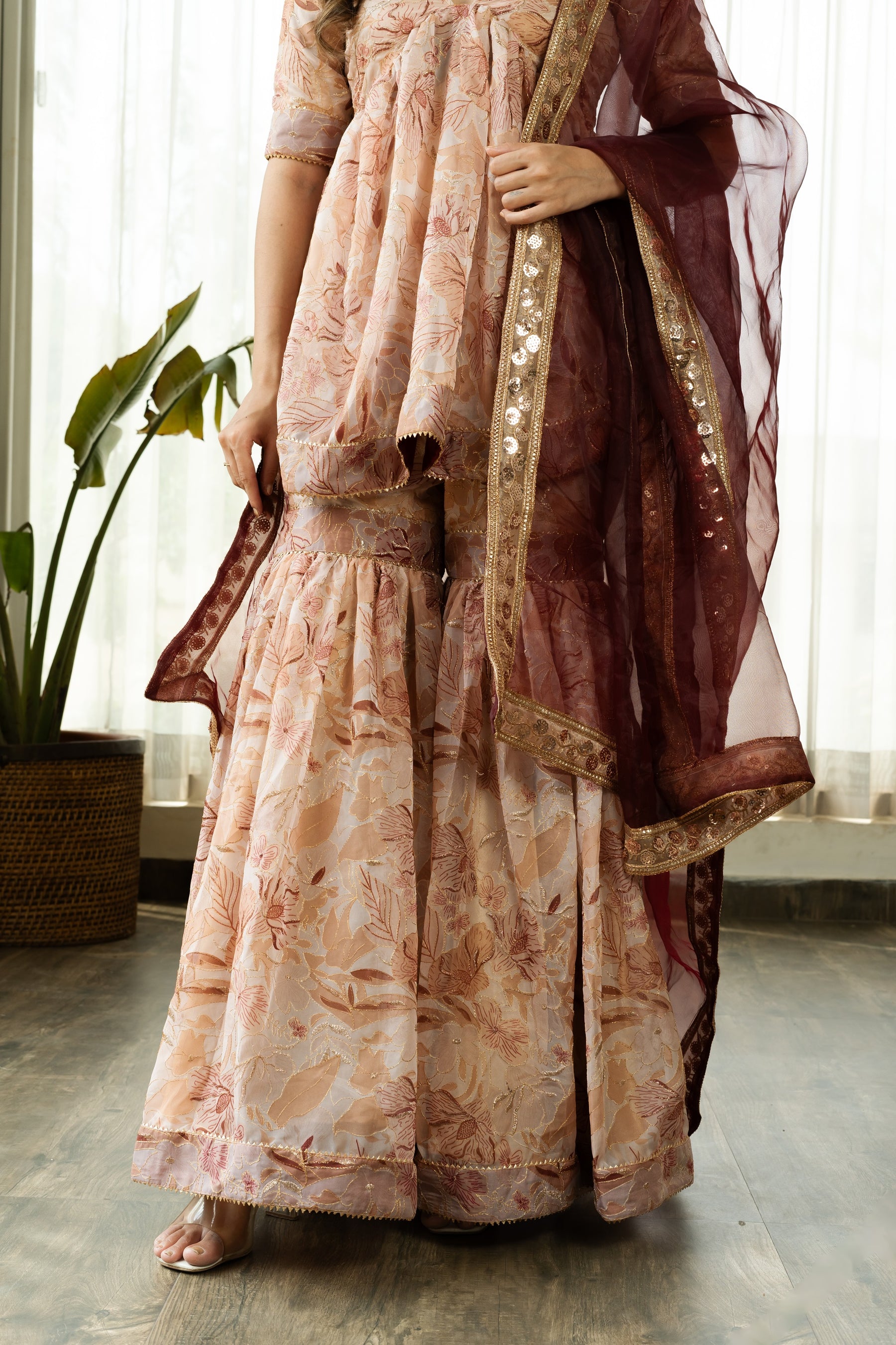 HANIA ORGANZA SHARARA SET WITH BROWN DUPATTA - Sarnya