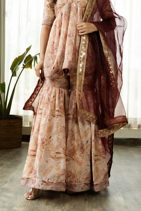 HANIA ORGANZA SHARARA SET WITH BROWN DUPATTA - Sarnya