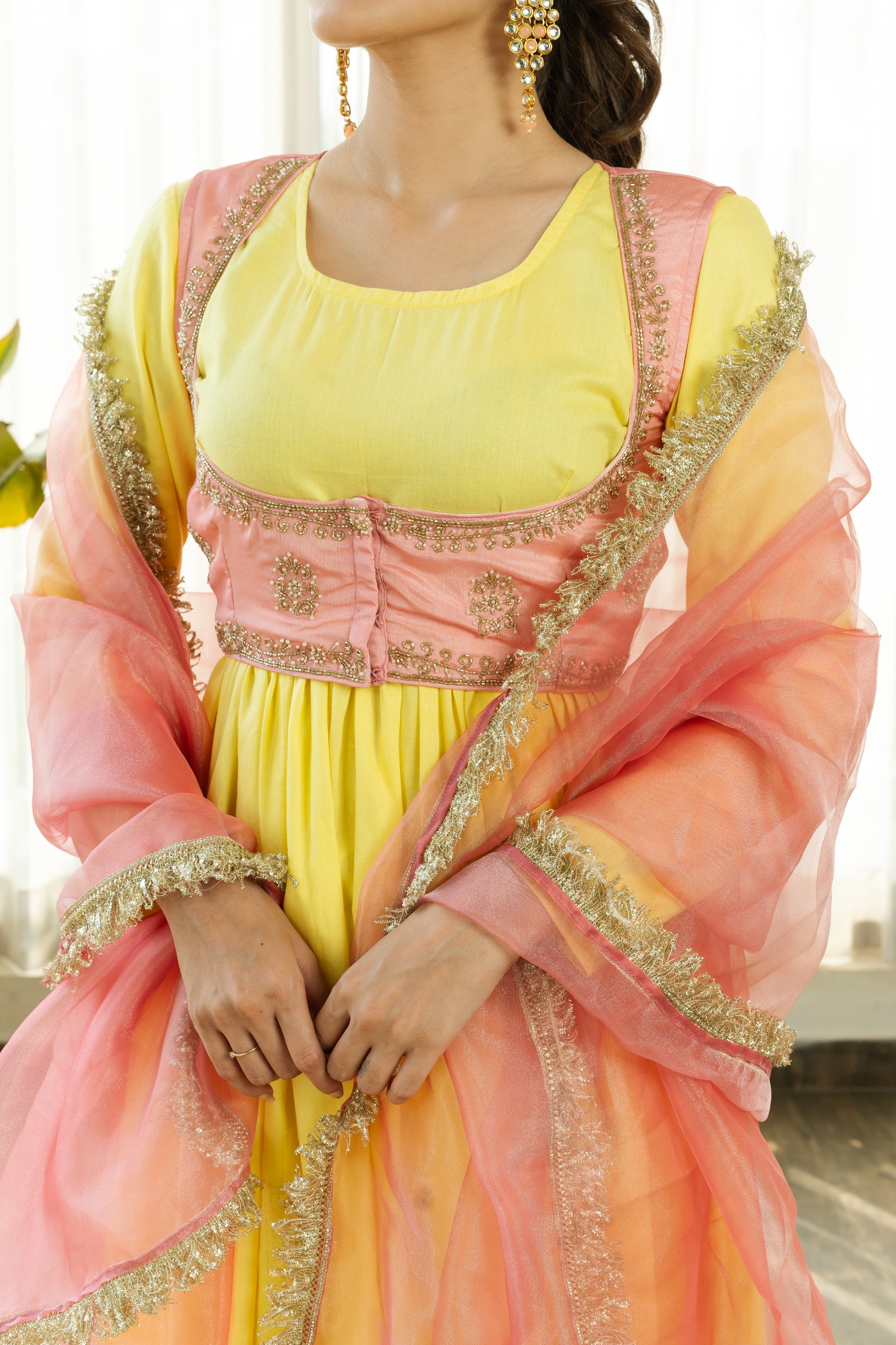 AAINA YELLOW SUIT SET WITH PINK EMBROIDERED CROP JACKET - Sarnya