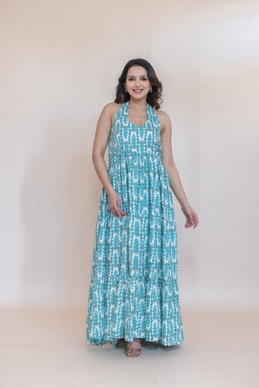 TURQUOISE COTTON FLARED DRESS