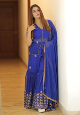 ROYAL BLUE EMBROIDERED SHARARA SET - Sarnya