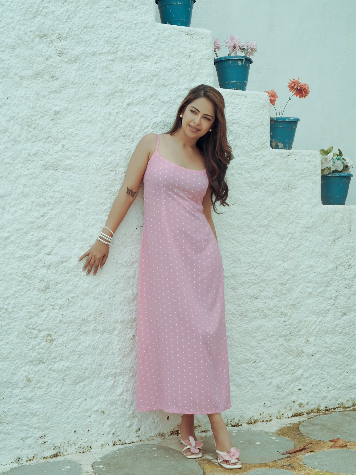 Avika Gor in Lisa Light Pink Polka Dot Dress