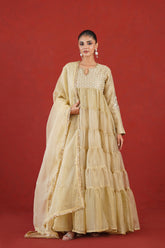 Aafreen light golden hand embroidered flared kurta set front view