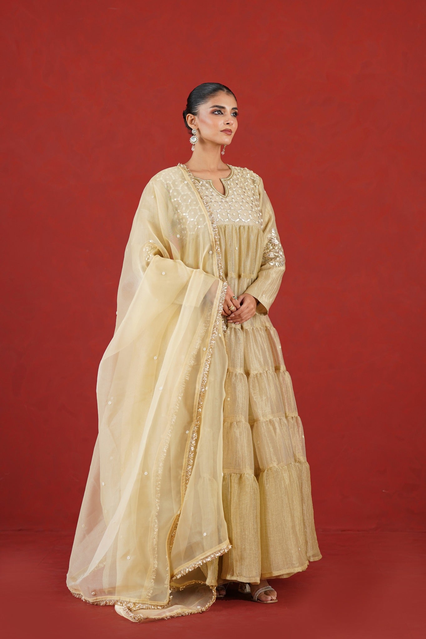 Aafreen light golden embroidered kurta set three quarter view