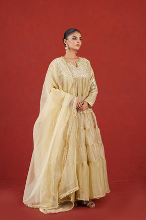 Aafreen light golden embroidered kurta set three quarter view