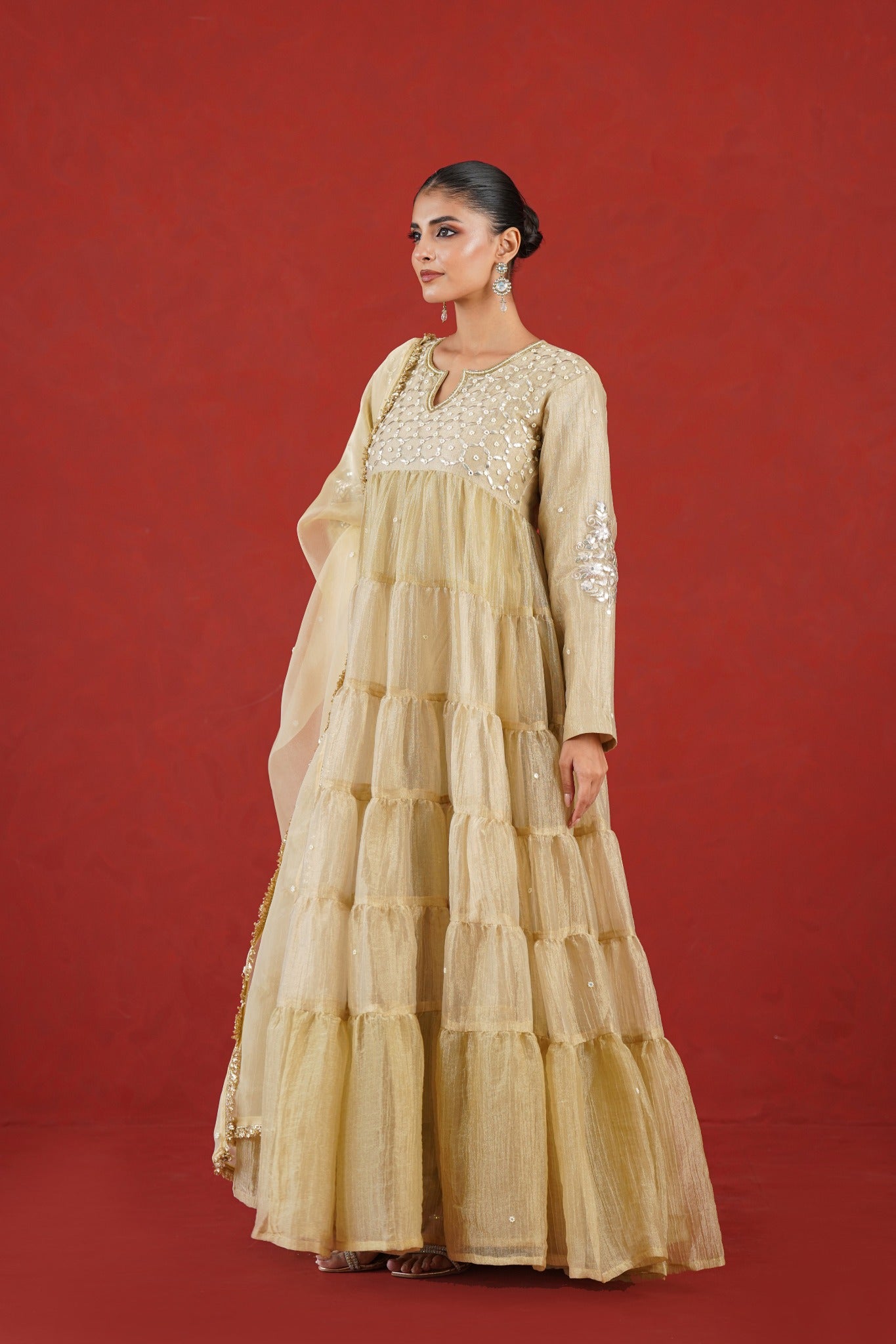 Aafreen light golden tiered kurta set side view