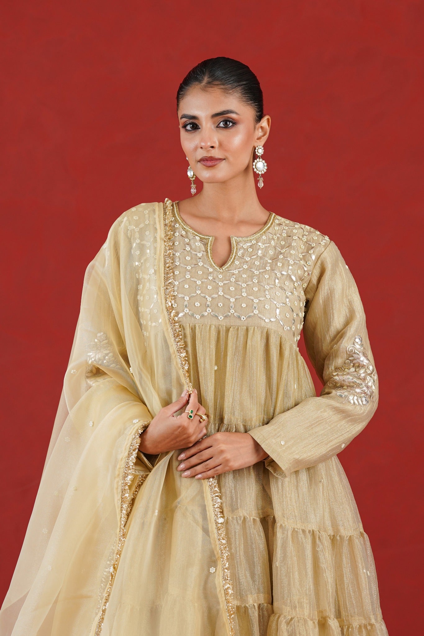 Aafreen light golden hand embroidered kurta bodice detail