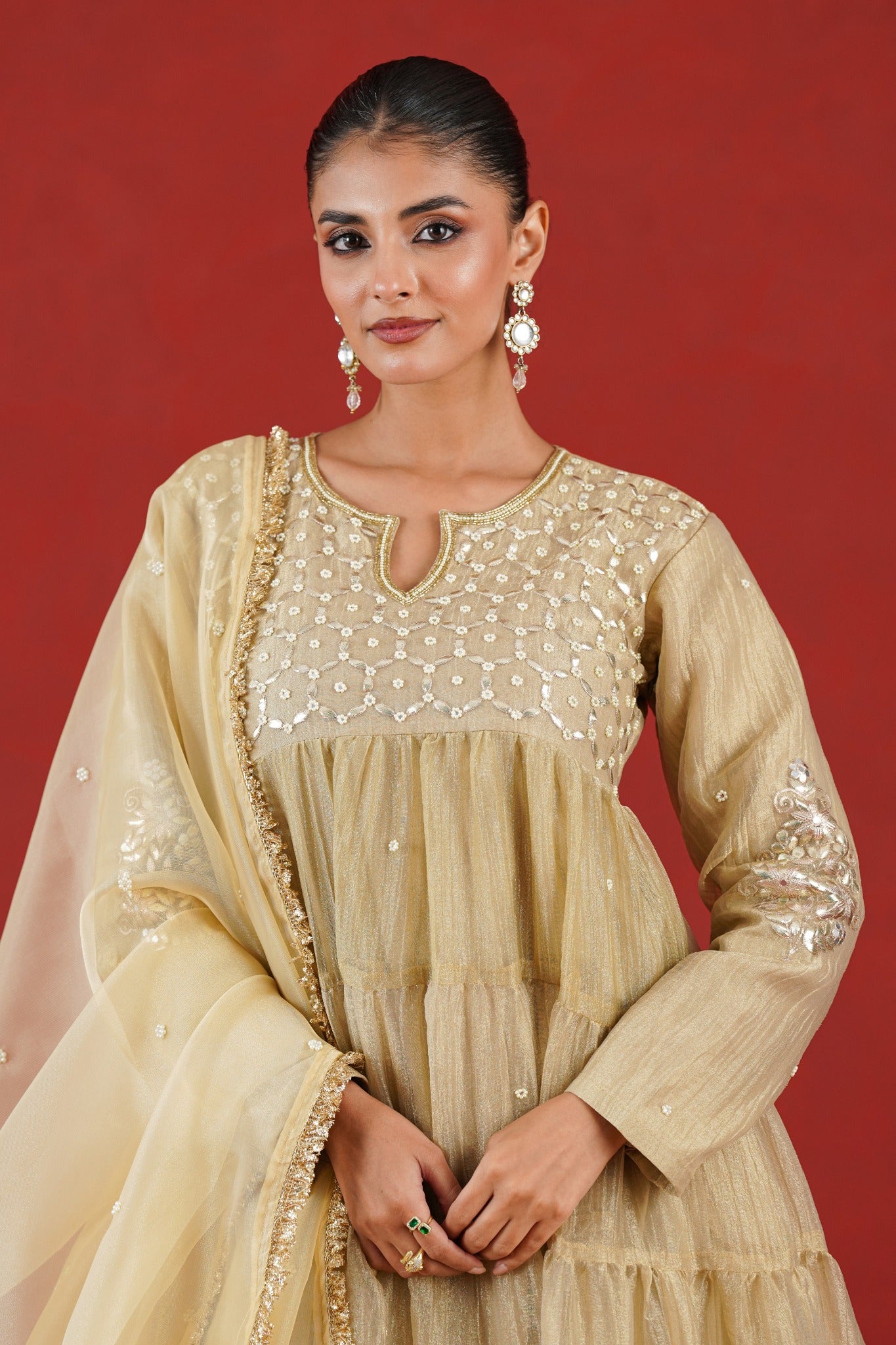Aafreen light golden embroidered neckline and sleeve detail