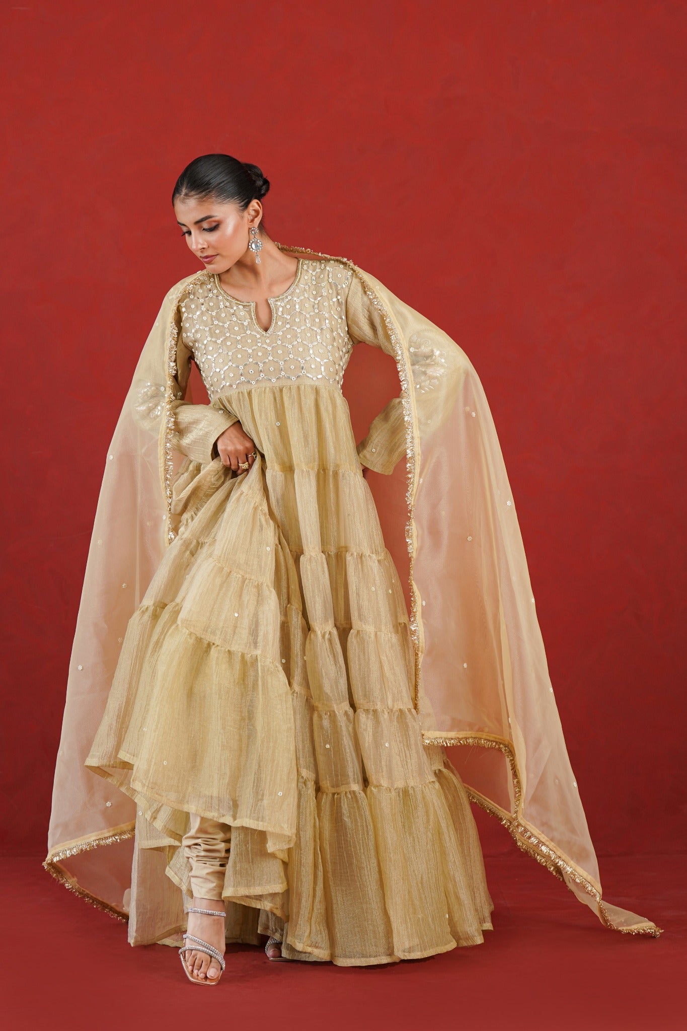 Aafreen light golden flared kurta set with churidar and dupatta