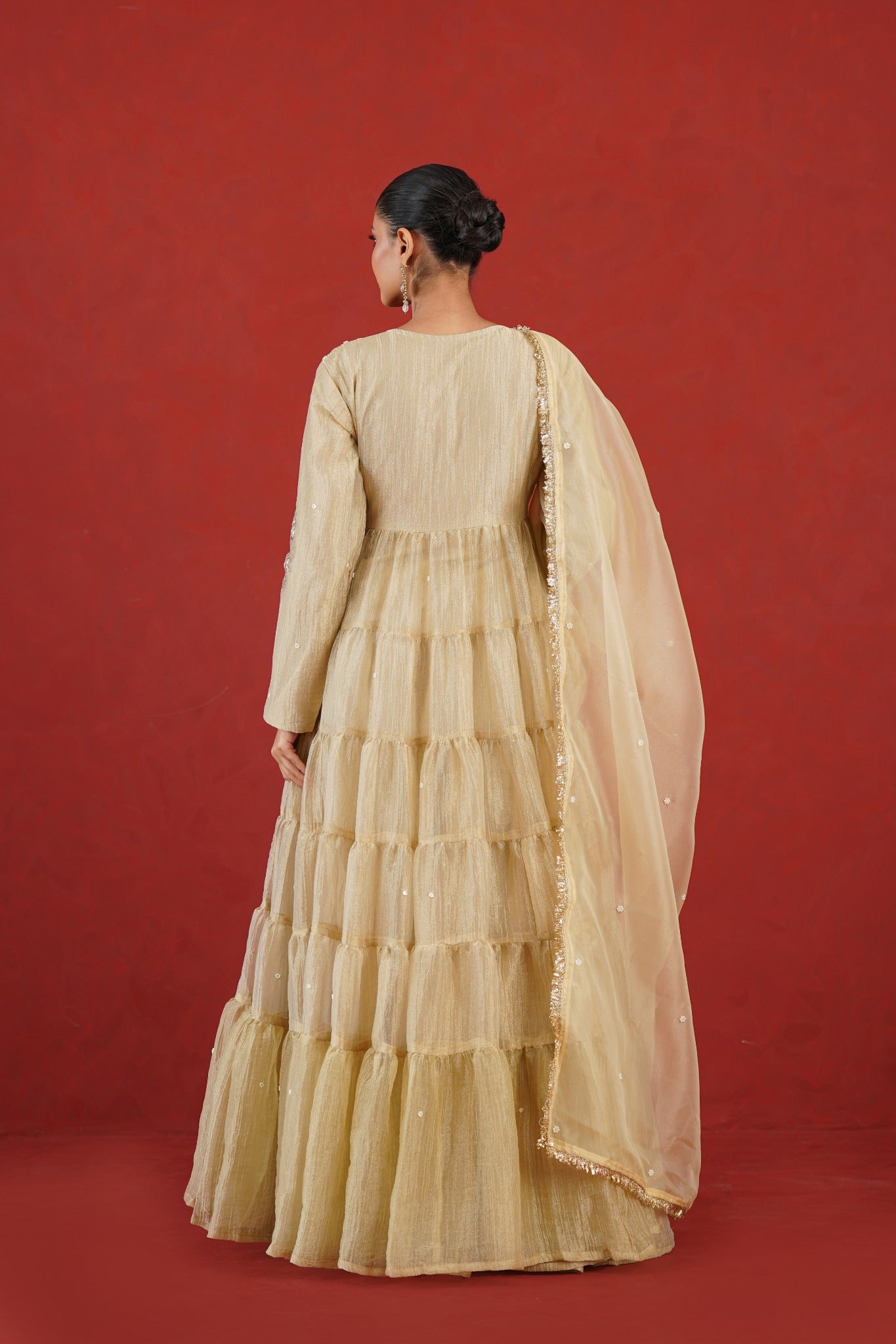 Aafreen light golden flared kurta set back view