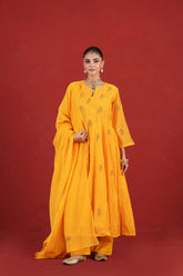 Aarika yellow embroidered Chanderi kurta set front view