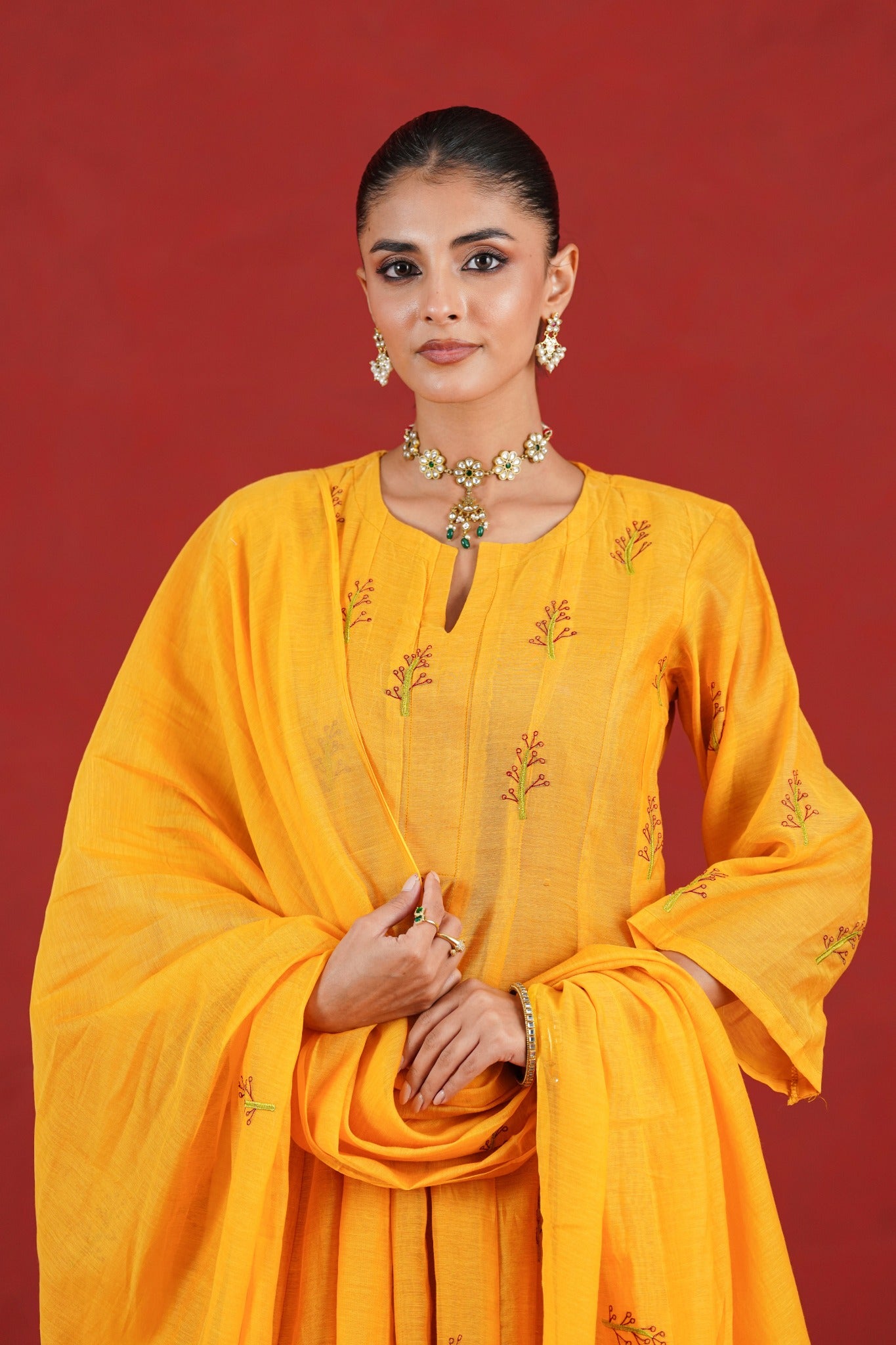 Aarika yellow embroidered Chanderi kurta portrait detail