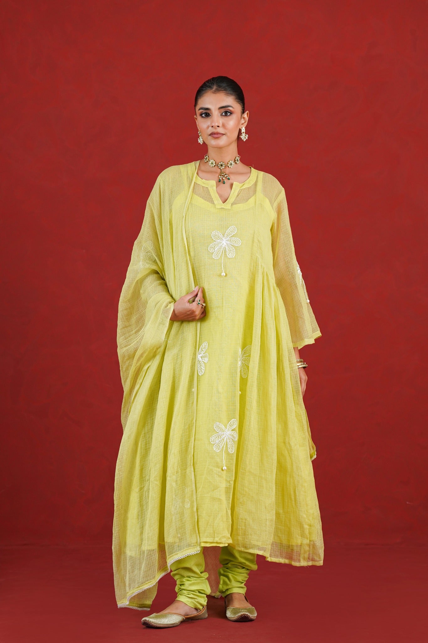 Aarohi green hand embroidered Kota Doriya kurta set front view
