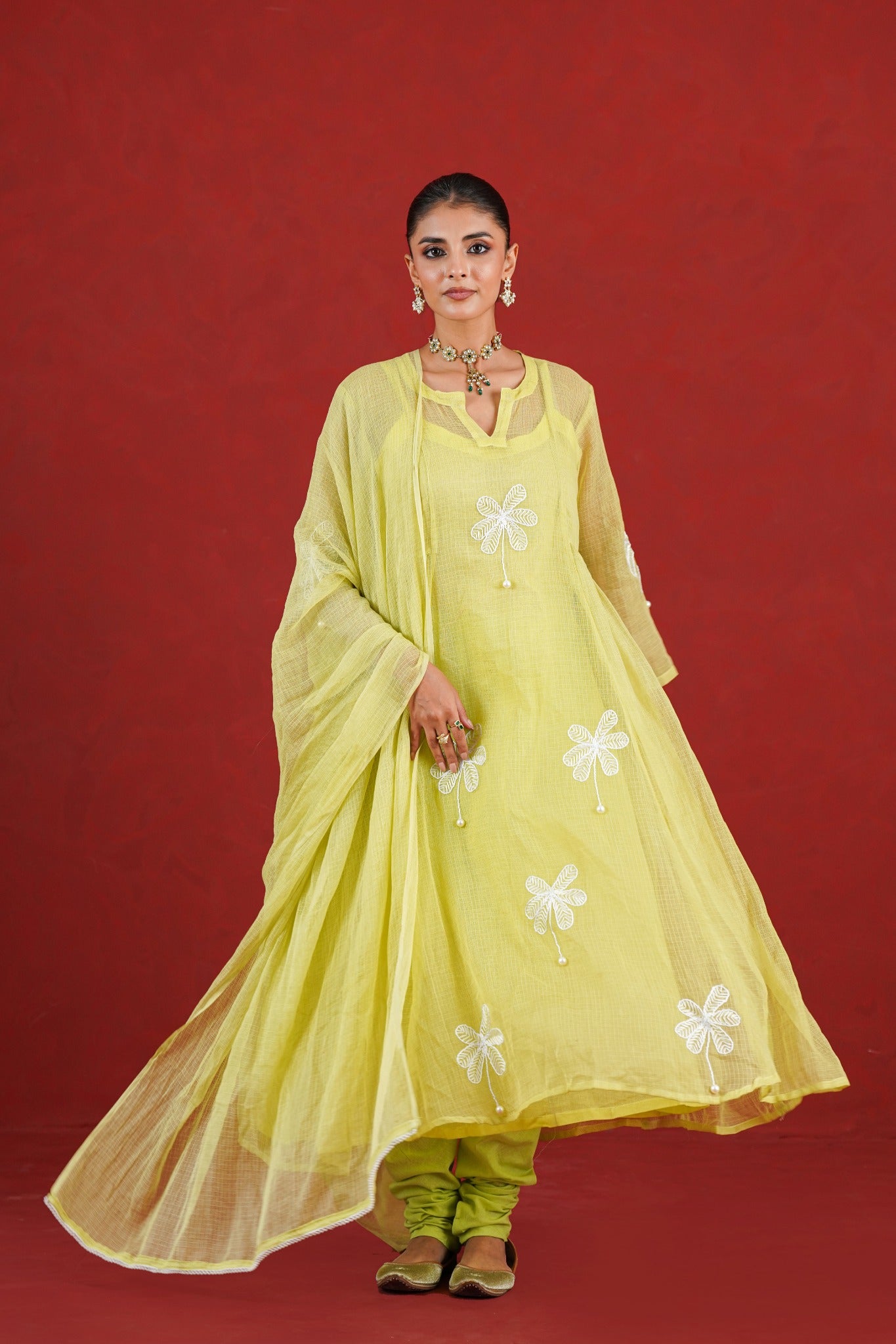 Aarohi green hand embroidered Kota Doriya kurta set full look