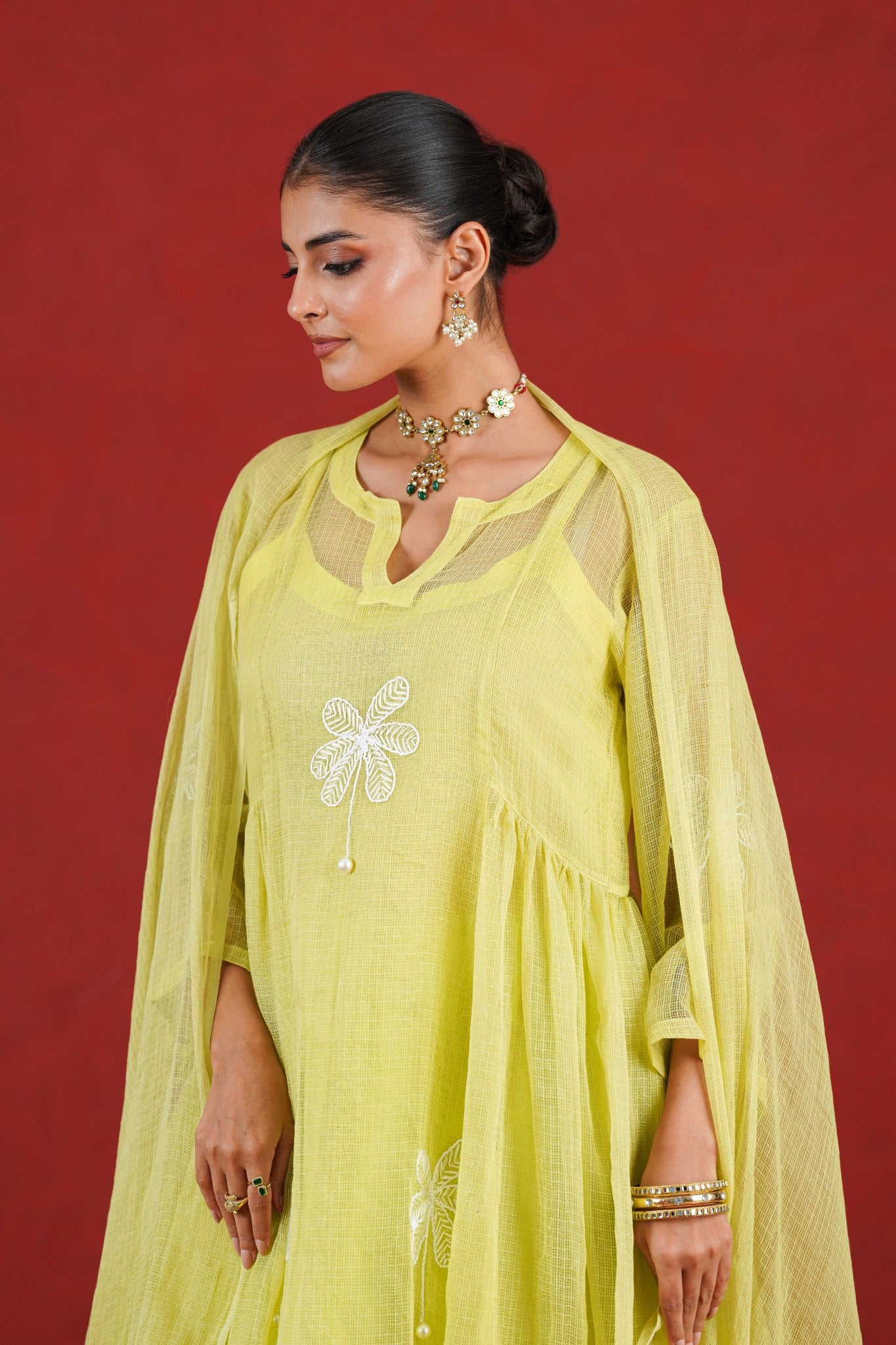 Aarohi green hand embroidered Kota Doriya kurta neckline detail