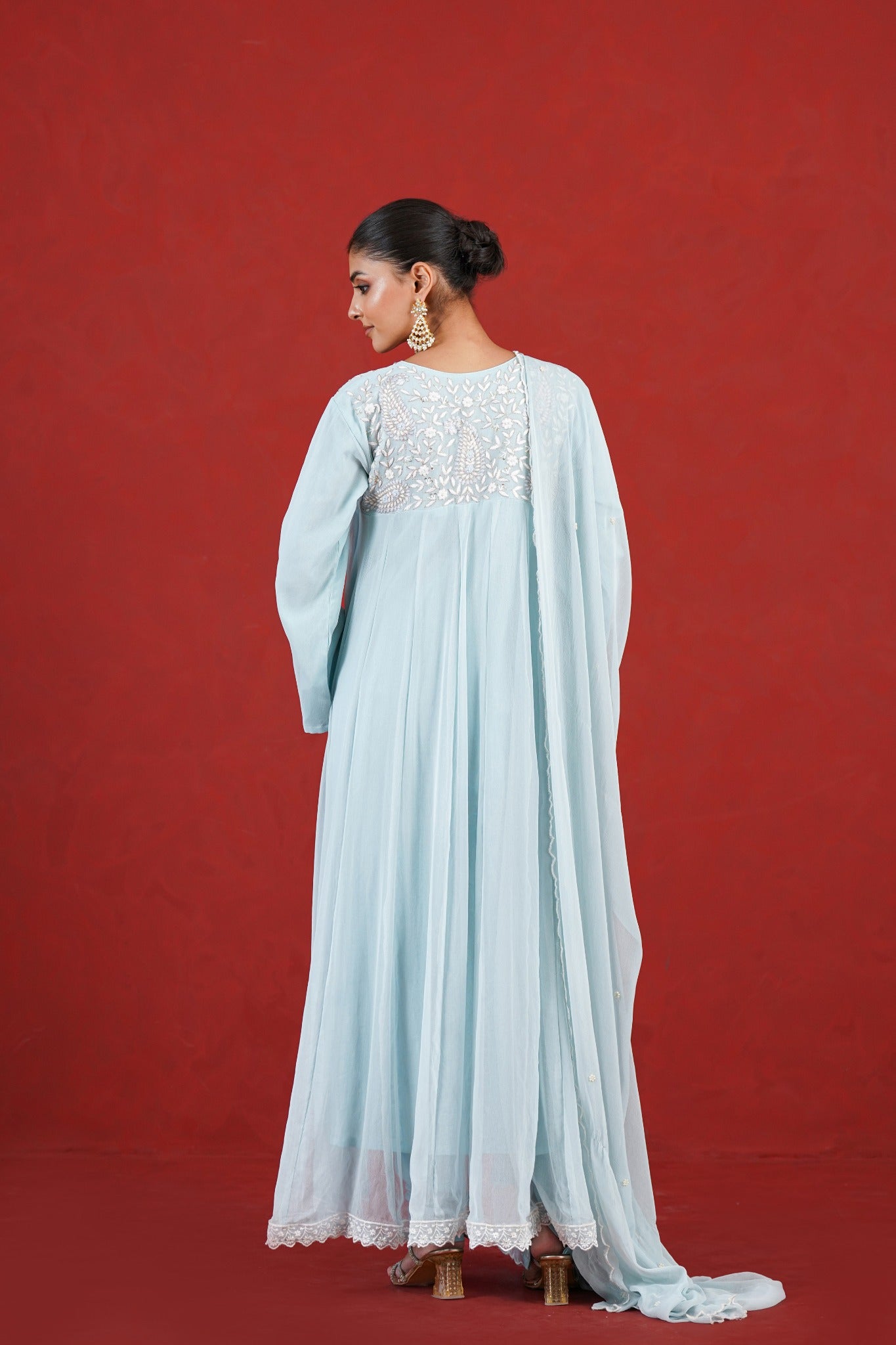 Aasma blue hand embroidered flared kurta set back view