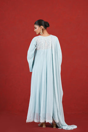 Aasma blue hand embroidered flared kurta set back view