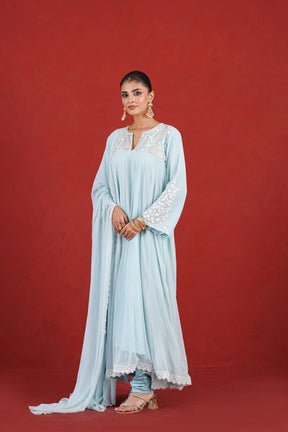 Aasma blue hand embroidered flared kurta set front view